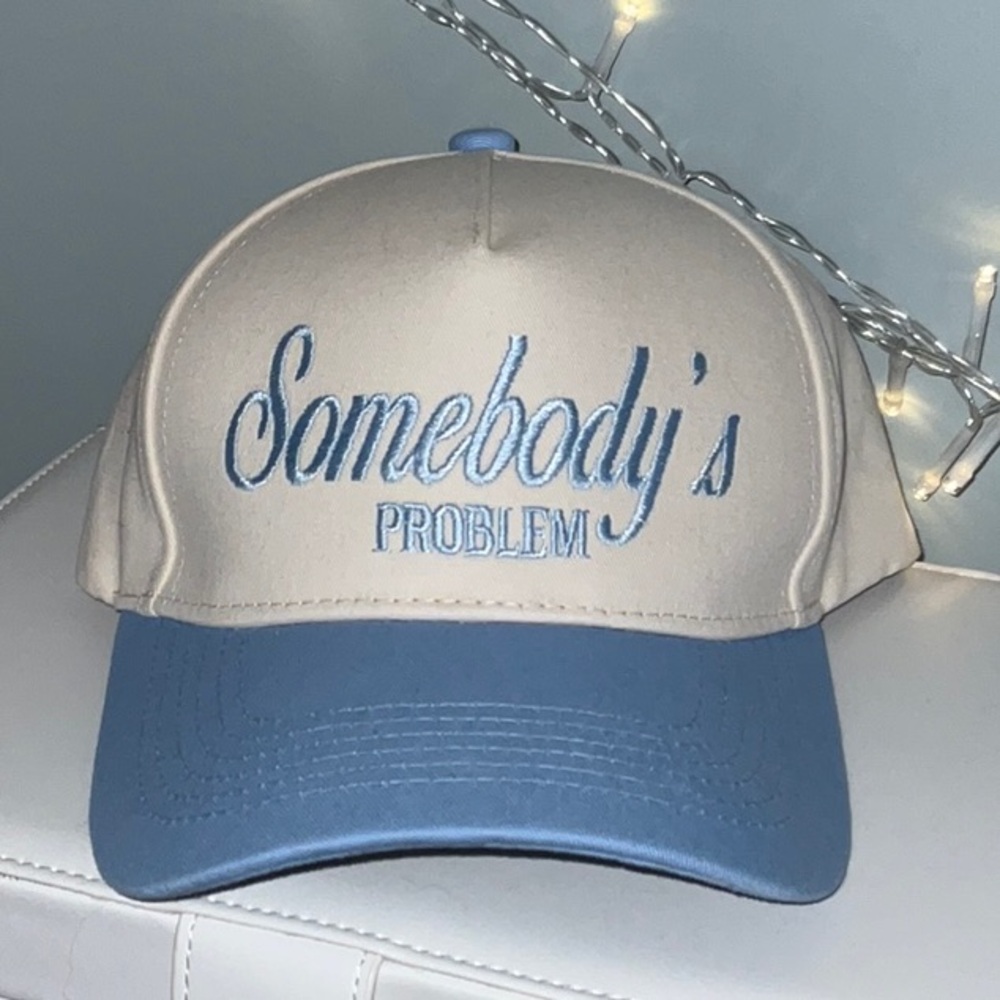 Beige and Blue Embroidered Cap